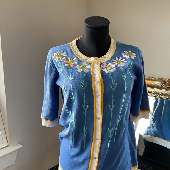 Bob Mackie Floral Embroidered Button-Up Crew Neck Cardigan Sweater Size S Blue - Picture 2 of 3